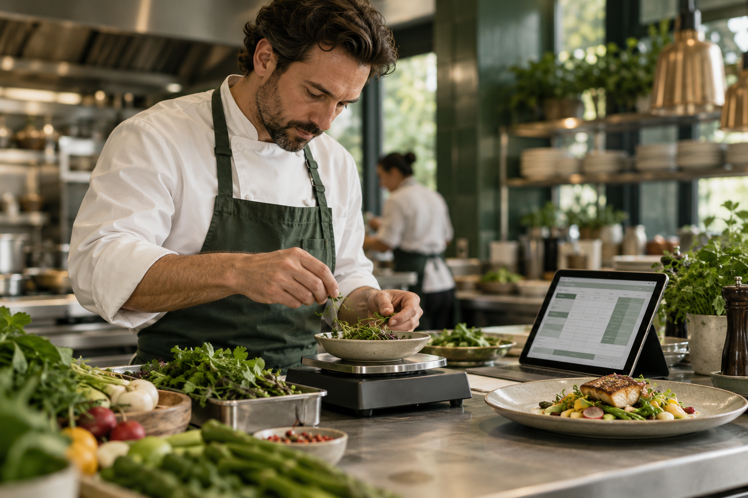 Chef con báscula e información de costeo