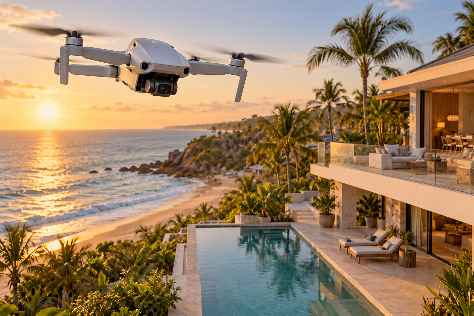 Dron compacto DJI Mini frente a una propiedad de playa con piscina y vista al mar